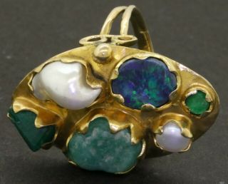 Vintage 14K gold Rough cut emerald pearl & opal abstract cocktail ring size 8.  5 4