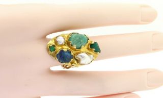 Vintage 14K gold Rough cut emerald pearl & opal abstract cocktail ring size 8.  5 6