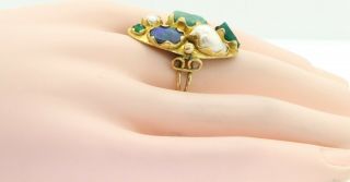 Vintage 14K gold Rough cut emerald pearl & opal abstract cocktail ring size 8.  5 7