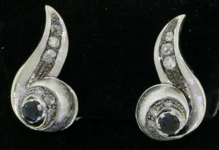 Vintage 18k Wg 2.  08ct Diamond & Blue Sapphire Florentine Clip - On Earrings