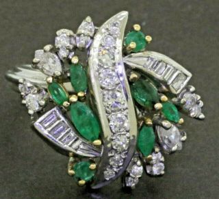Vintage 14k White Gold 2.  0ctw Diamond & Emerald Cluster Cocktail Ring Size 5.  25