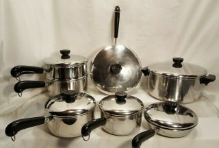 13 Piece Vintage Revere Ware 1801 Tri - Ply Bottom Stainless Steel Cookware Set