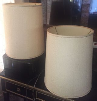 Best Pair Two Vintage Mcm Drum Barrel Ivory Fabric Lamp Shades Large 18.  5” Tall