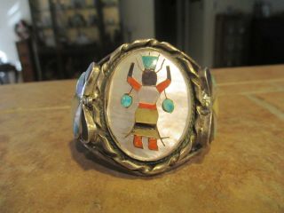 Splendid Vintage Zuni Sterling Silver Multi - Stone Inlay Ghan Dancer Bracelet