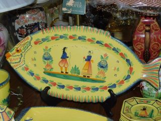 Vintage Hb Quimper Soleil Yellow French Faience Fish Platter Tray 24 "