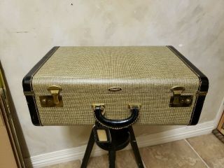 Vintage Indestructo Suitcase Covered In Embossed Leather,  Fabric Lined Inside