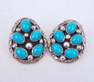 Vintage Navajo Sterling Silver Sleeping Beauty Turquoise Cluster Earrings