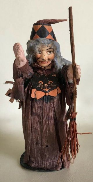 Vtg Halloween Witch Black Cat Crepe Paper Doll Spooky Creepy Rare Decoration