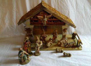 Vintage 12 Piece Resin Nativity Set W/ Wood Manger Scene From Italy