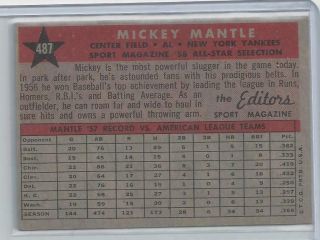 1958 Topps Baseball Mickey Mantle All Star 487 Vintage York Yankees HOF 2