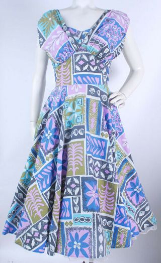 Vintage 50s KAMEHAMEHA Hawaiian Mid - Century Modern Tiki Full Skirt Halter Dress 4