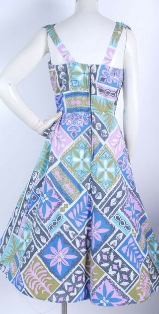 Vintage 50s KAMEHAMEHA Hawaiian Mid - Century Modern Tiki Full Skirt Halter Dress 8