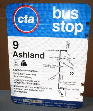 Used/vtg Cta Bus Stop 9 Ashland Chicago Aluminum Sign 24 X 18 S620