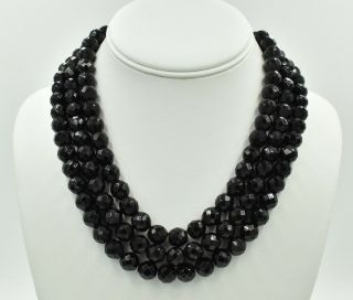 Vintage Triple Strand Czech Glass Faceted Crystal Bead Necklace Layered Black
