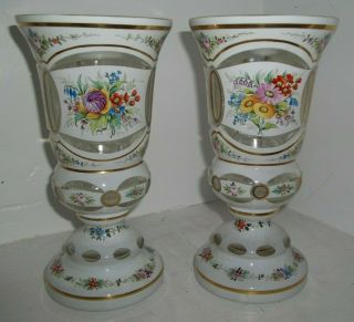 Pair Vintage Bohemian Czech Cased Glass Vases Floral White Overlay Cut To Clear