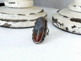 Navajo Long Sterling Silver Petrified Wood Jasper Vintage Large Size 8 Ring 4