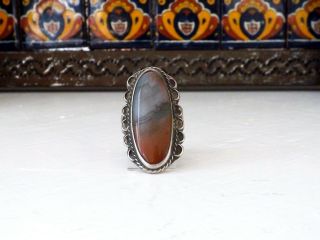 Navajo Long Sterling Silver Petrified Wood Jasper Vintage Large Size 8 Ring 5