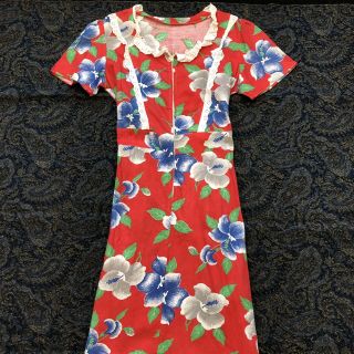 Vintage 1940s 30s Tropical Print Cotton Day Dress Zip Front Waist Tie Hawaiian