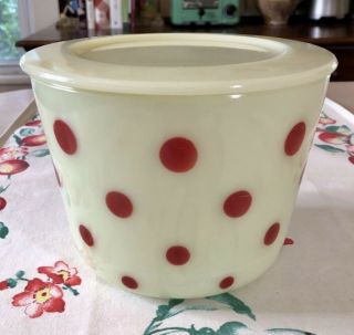 Vintage Mckee Red Dots On Custard Large Round Canister Dish & Lid 40 Oz.