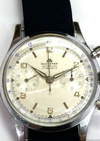Vintage 1970s Bucherer Dial Round Button Chronograph Mens Watch 3