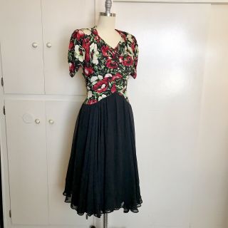 Vtg 40s Large Floral Print Crepe Rayon Sheer Chiffon Skirt Swing Dress 1940s Vlv