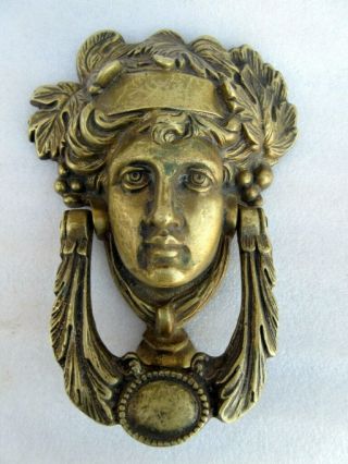 Vintage Old Hand Carved Solid Brass Man Face Figure Door Handle Patina