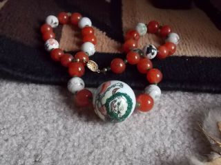 Vtg Chinese Painted Porcelain Beads With Jade And Carnelian Necklace 24 " Long