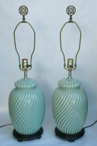 Pair Vintage Chinese Celadon Green Crackle Pottery Ginger Jar Lamps 29 " Tall