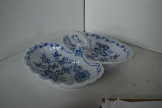 Vintage Meissen Blue Onion Sword Mark Two Sided Relish Dish 9 By 7.  25 by 3.  5” 3