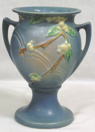 Vtg Roseville Art Pottery Snowberry Vase Blue Iur - 8 " 1940s