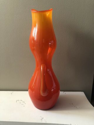 VINTAGE ORANGE RED MURANO HAND BLOWN GLASS DECO VASE 20” TALL COOL RARE 2