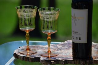Vintage Etched Amber Optic Wine Glasses,  Set Of 4,  Fostoria,  Royal Amber C 1925