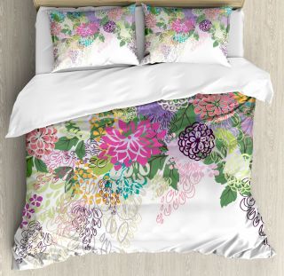 Flower Duvet Cover Set With Pillow Shams Vintage Boho Inspiration Print