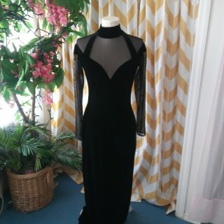 Tadashi Vintage Ladies Size L Black Velvet High Neck Sheer Sleeve Gown Dress