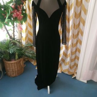 Tadashi Vintage Ladies Size L Black Velvet High Neck Sheer Sleeve Gown dress 2