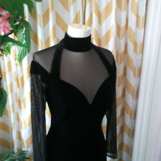 Tadashi Vintage Ladies Size L Black Velvet High Neck Sheer Sleeve Gown dress 3