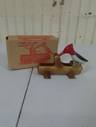Rare San I Pik Woodpecker Toothpick Holder Dispenser And Box Metal Antique Vtg