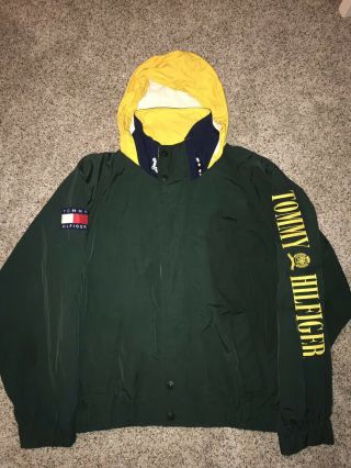 Vintage 90s Tommy Hilfiger Green Windbreaker Jacket Spell Out Hooded Men’s Xl