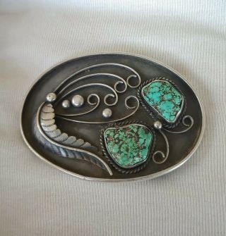 Vintage Navajo Pawn Signed Fd Charley 1976 Sterling Silver Turquoise Belt Buckle