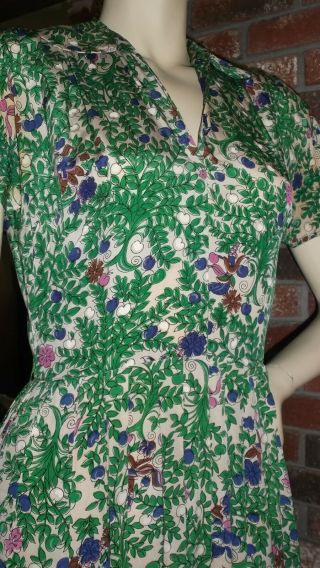 Vtg 40s Xs S Silk Dress R & K Metal Side Zip Green Floral Fauna Pleated