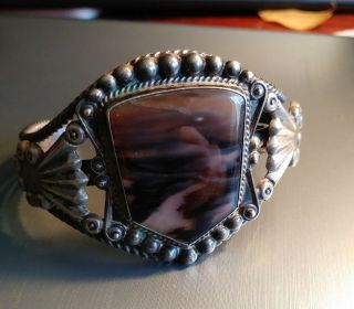 Vtg Old Pawn Navajo Sterling Silver Petrified Wood Agate Cuff Bracelet