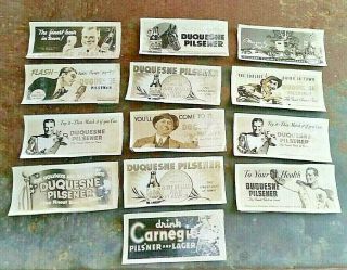 13 Old Vtg Duquesne Pilsner Carnegie Beer Advertising Cards Stickers ?