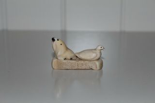 Vintage Inuit Bird & Walrus On Stone Carvings Tiny Effigies Alaska