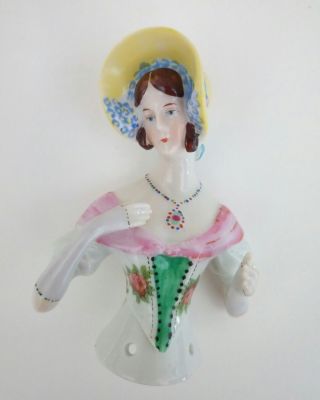 Antique Porcelain Maybe Goebel Half Doll Yellow Bonnet Hat Necklace Arms Away