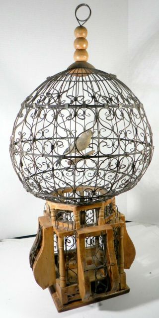 Vintage Antique Victorian Style Ornate Wire / Wood Sphere Bird Cage 25 " Tall