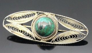 Israel Vintage Round Chrysocolla Vermeil Filigree Sterling Silver Brooch / Pin