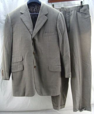 Vintage Hermes Mens 3 Button Padded Shoulders Suit 54 Taupe 100 Wool 110s