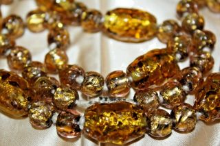 Vintage Astounding Venetian Gold Foil Glass Bead Hand Knotted Necklace Ng5