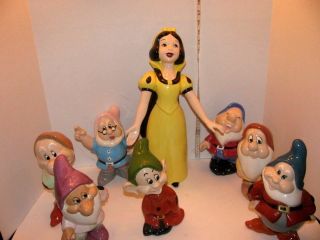 Vintage Walt Disney Productions 15 " Snow White,  8 " Seven Dwarfs Ceramic Figures