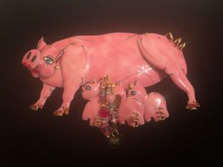 Large Vintage Lunch At The Ritz Enameled Movable Little Piggy Pin - Pink Pig